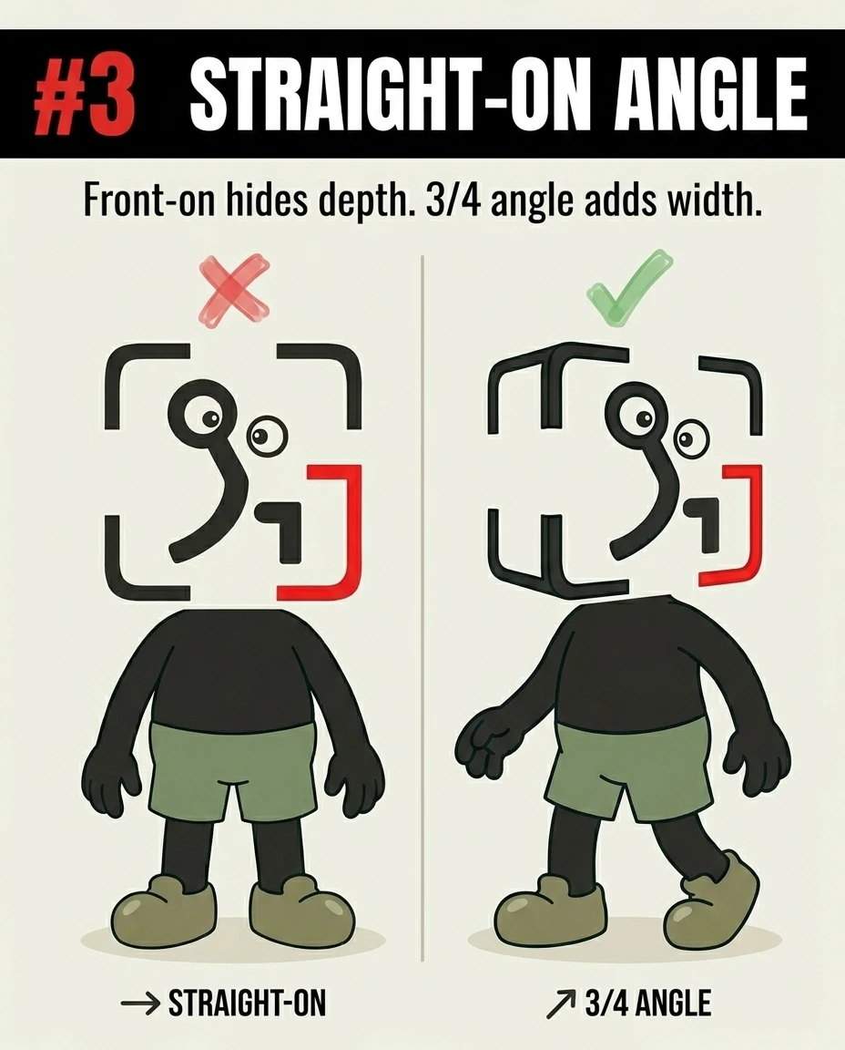 The GainFrame mascot is shown facing directly forward, which hides his depth, compared to standing at a three-quarter angle to look wider.