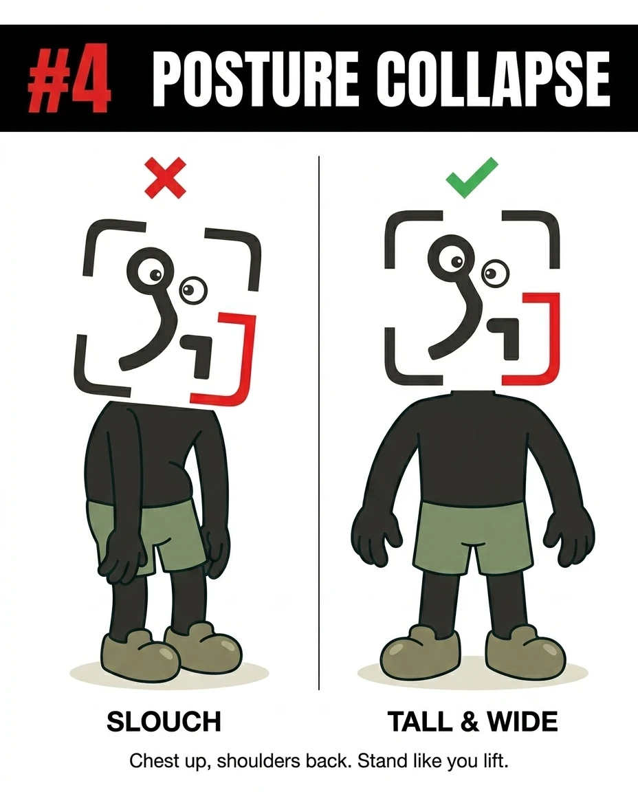 The GainFrame mascot demonstrates how slouching makes you look smaller, contrasted with standing tall and wide with chest up and shoulders back.