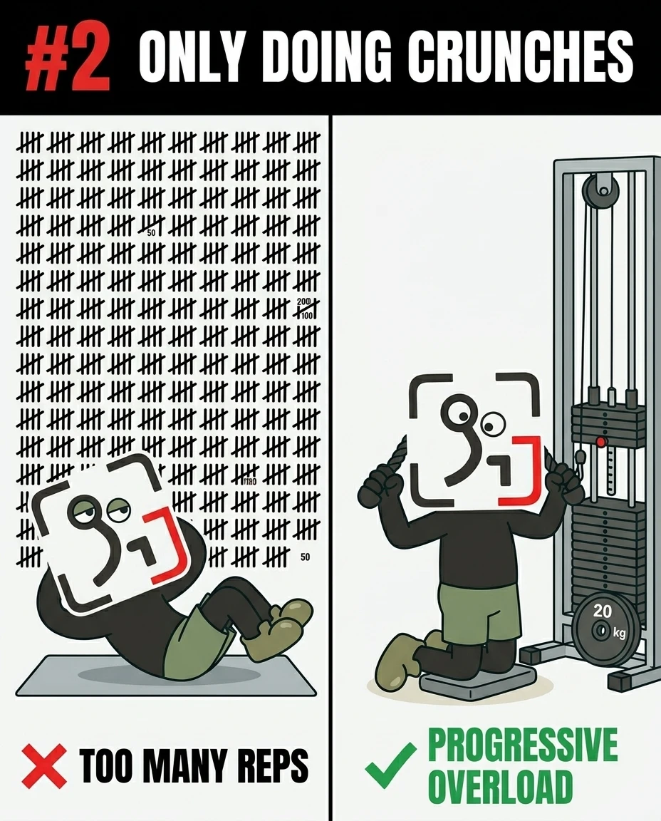A split image shows the GainFrame mascot exhausted from doing countless crunches on the left, contrasted with him using a cable machine for progressive overload on the right to build ab muscles effectively.