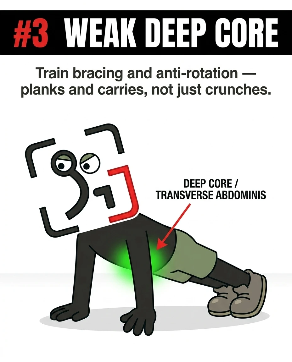 The GainFrame mascot performs a plank with his deep core highlighted in green, emphasizing the importance of training the transverse abdominis for a stronger midsection.