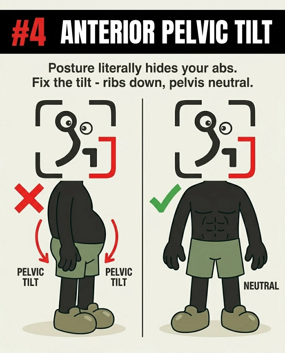 A comparison shows the GainFrame mascot with poor posture causing a protruding belly on the left, and with a neutral pelvis on the right showing defined abs, demonstrating how posture affects ab visibility.