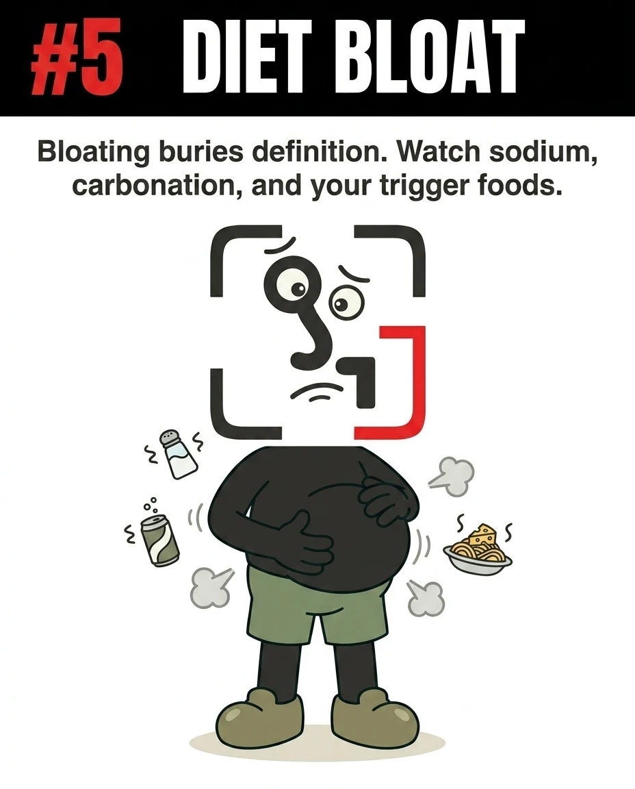 The GainFrame mascot looks uncomfortable with a bloated stomach surrounded by icons of salt, soda, and cheese, showing how diet-induced bloating can temporarily hide abdominal definition.
