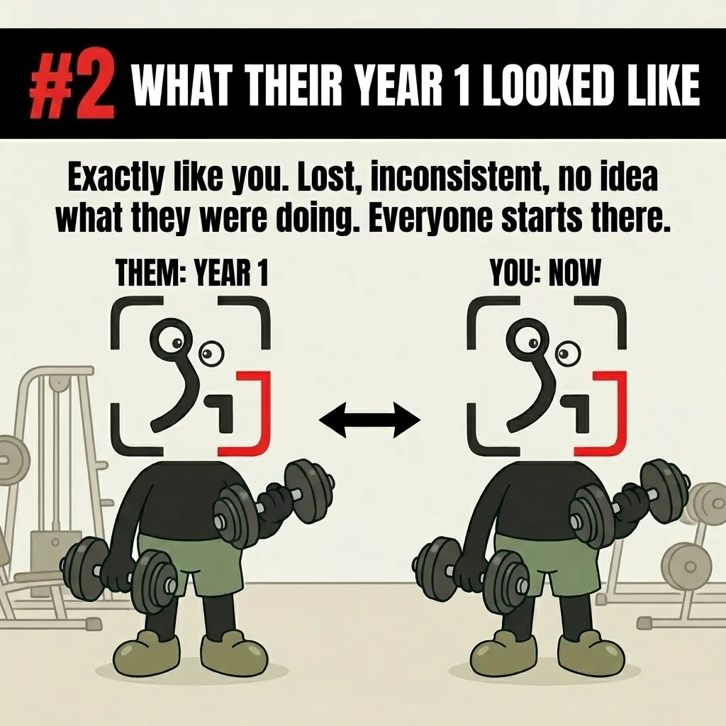 Two identical illustrations of the GainFrame mascot holding dumbbells side-by-side show that everyone starts in the exact same place of being lost and inconsistent in their first year.