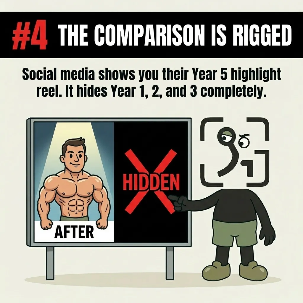 The GainFrame mascot points to a billboard showing a muscular 'after' photo next to a blacked-out 'hidden' section, highlighting how social media hides the years of hard work leading up to the final result.