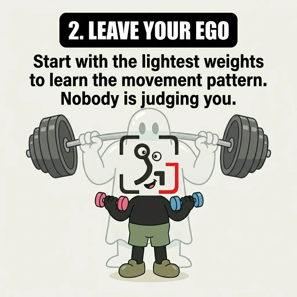 The GainFrame mascot holds light dumbbells while a ghostly, muscular figure lifts a heavy barbell behind him, illustrating the advice to leave your ego behind and start light.