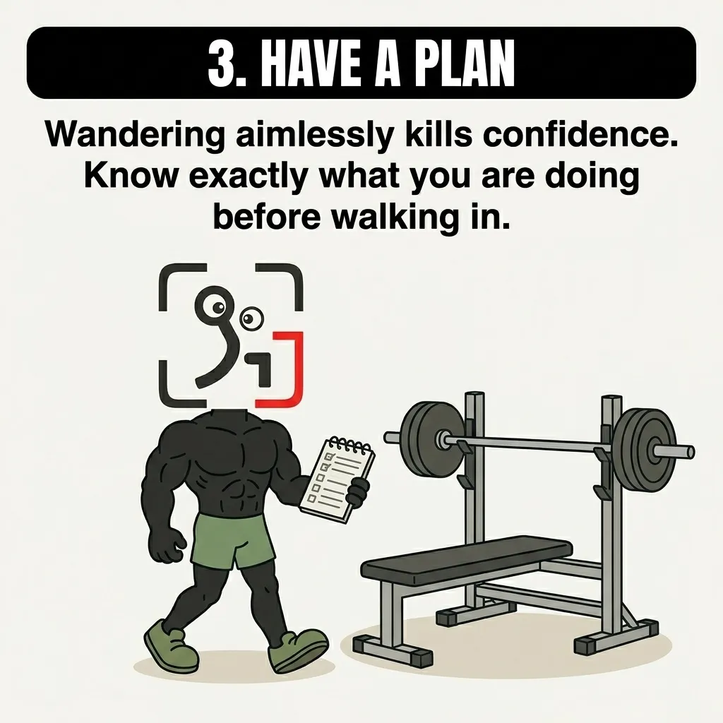 A muscular GainFrame mascot walks confidently toward a bench press station while holding a checklist, showing the importance of having a clear workout plan.