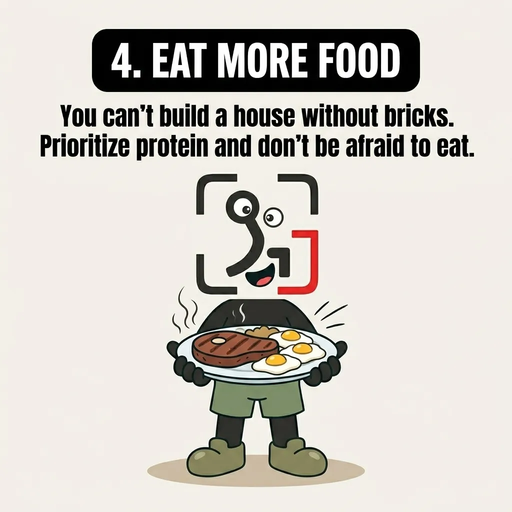 The GainFrame mascot holds a large plate of steak and eggs, highlighting the need to eat more food and prioritize protein to build muscle.