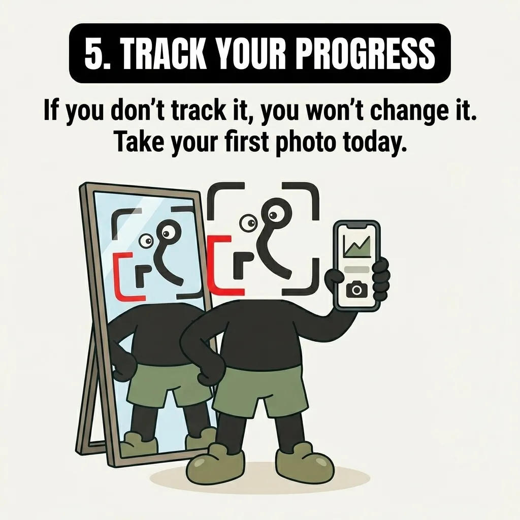 The GainFrame mascot takes a selfie in front of a mirror with a smartphone, demonstrating the tip to track your progress from day one.