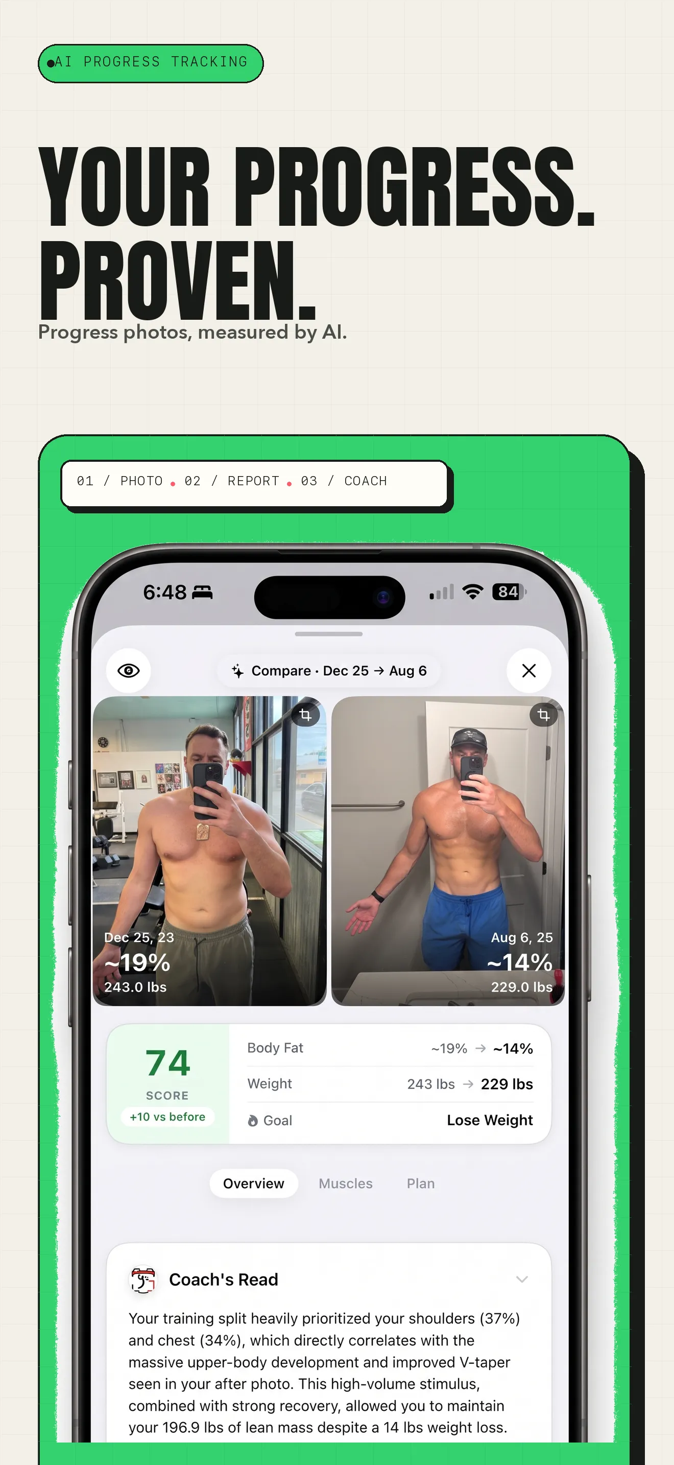 GainFrame before and after comparison with body-fat, weight, score, and coaching context