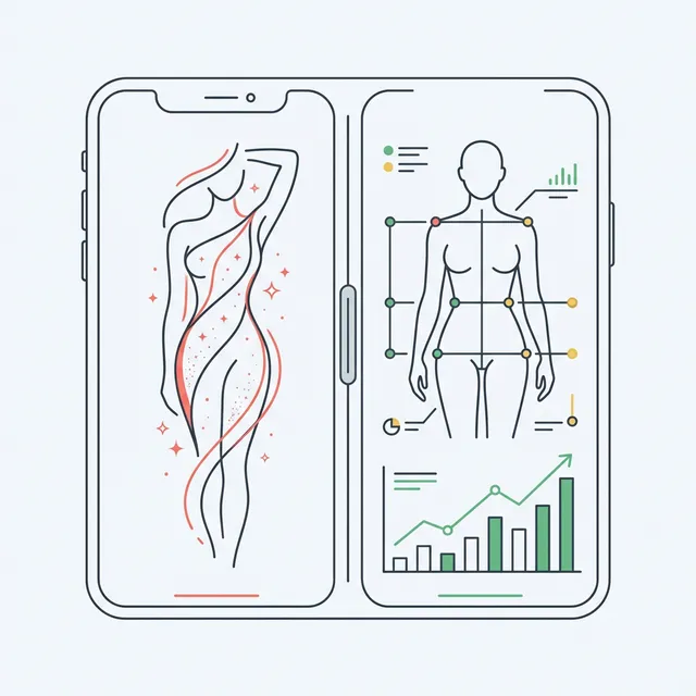 Minimalist vector illustration of two phones — one showing an edited body silhouette, the other showing real body analysis with data points and charts