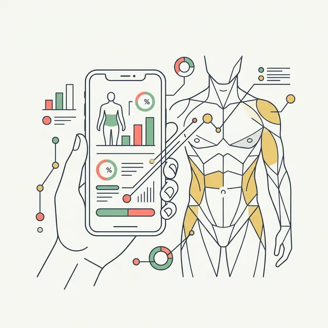 Abstract minimal illustration of a smartphone evaluating body fat against a scientific body scan