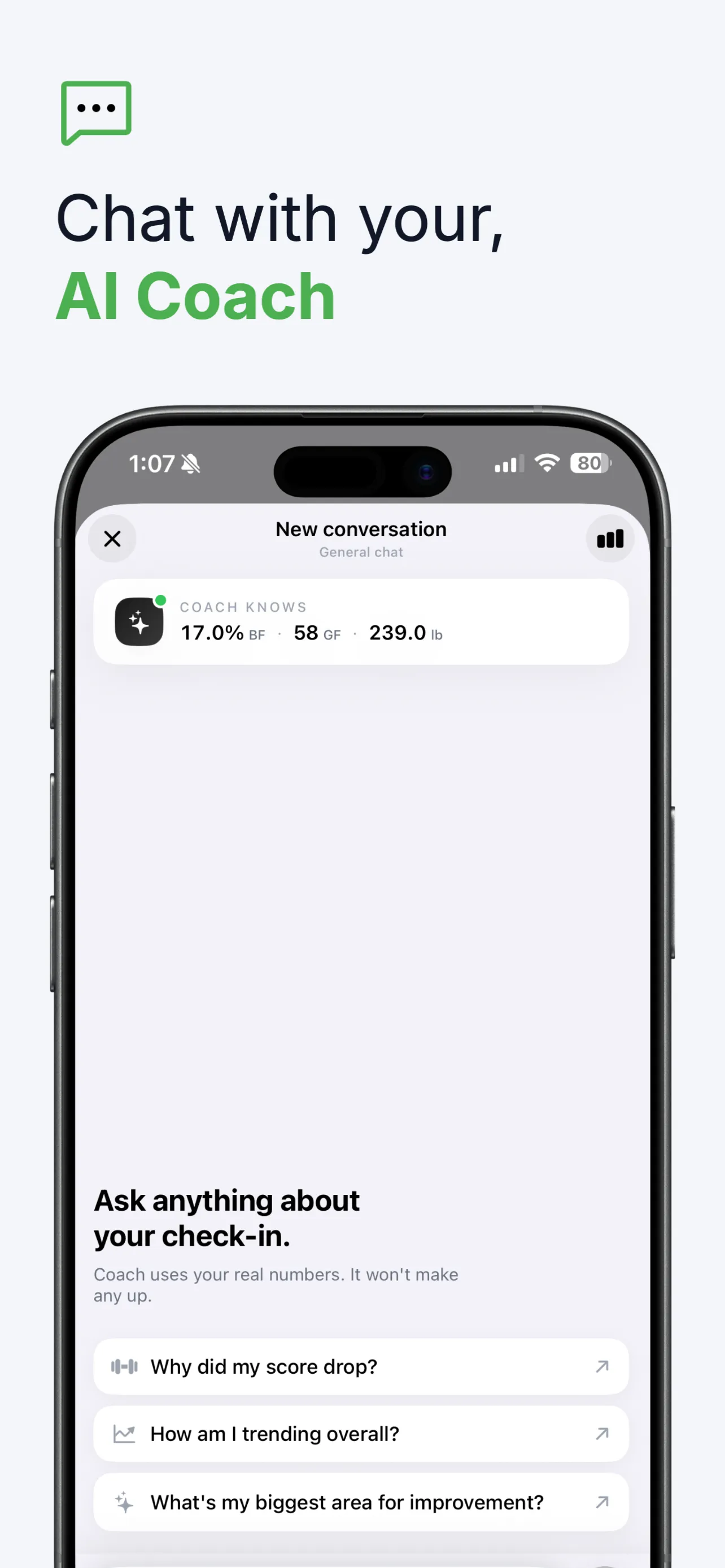 GainFrame Coach chat screen showing the Coach Knows summary chip with the user's current body fat, score, and weight, plus three suggested starter questions