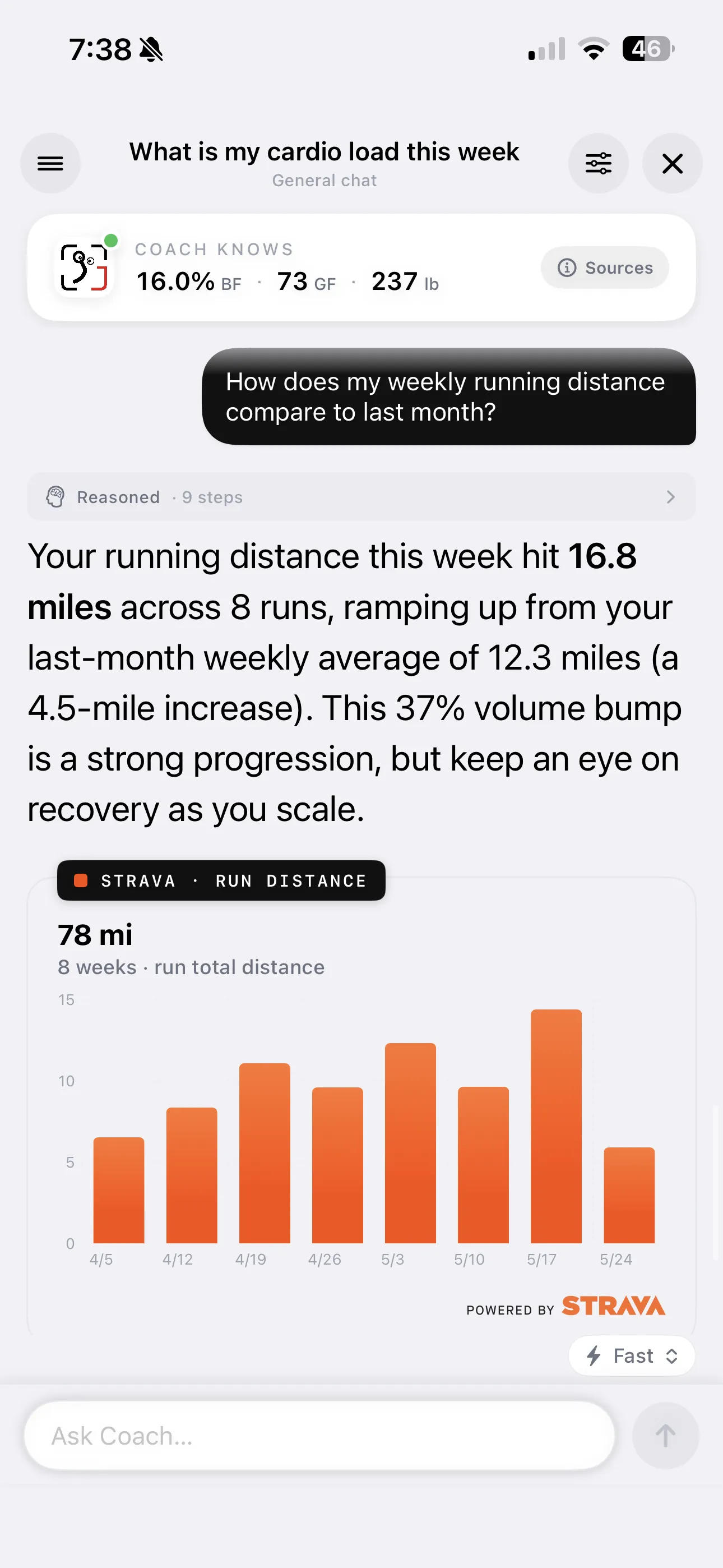Most AI fitness coaches are blind to your cardio. GainFrame Coach reads your Strava history directly — distance, pace, activity types — and ties it to your lifting and body composition data. Here's what that actually looks like in conversation.