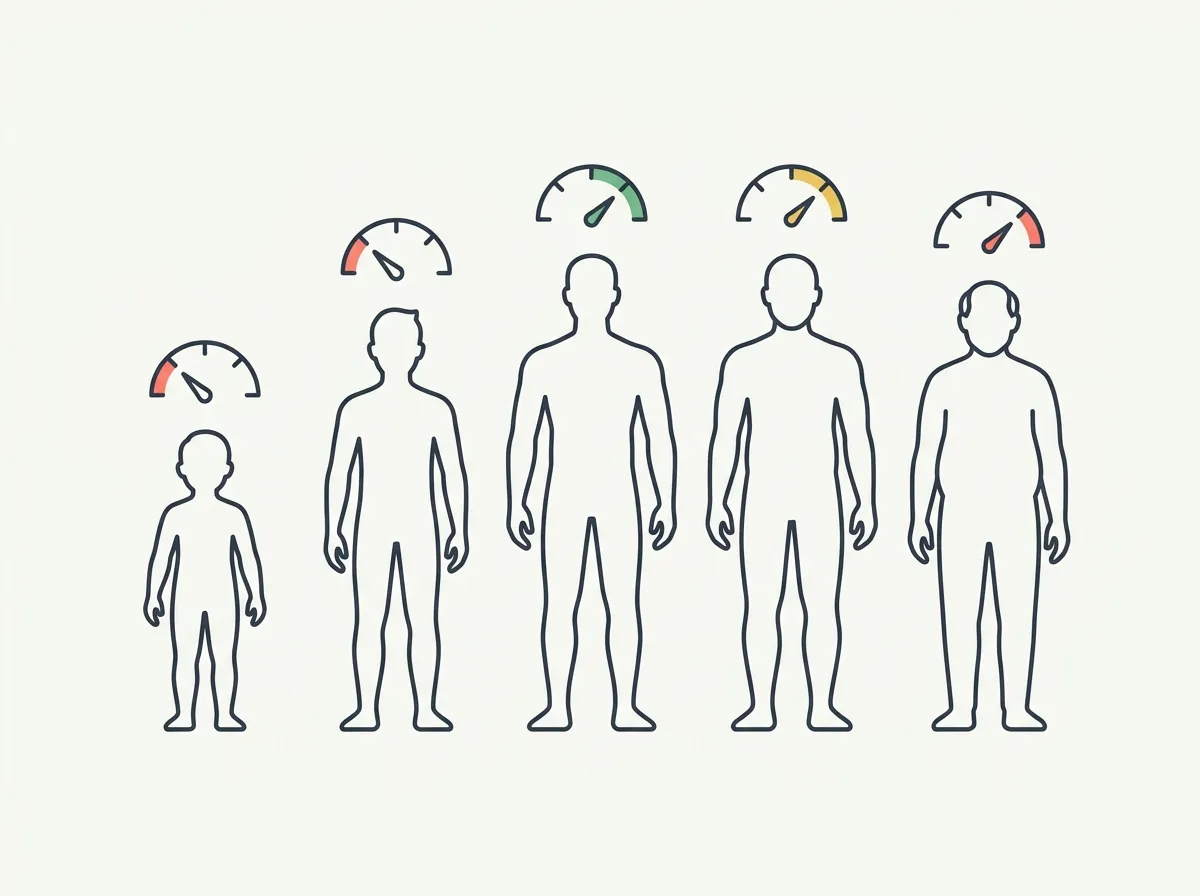 Average and healthy body fat percentage by age for men and women — decade-by-decade charts, why averages climb with age, and what the same percentage looks like at 25, 45, and 65.