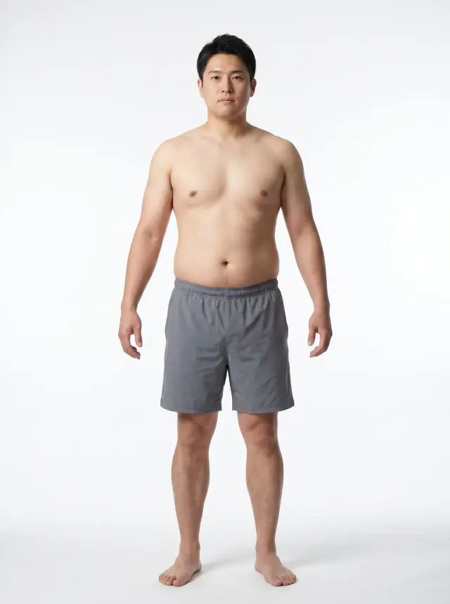 Standardized render of a man in his 20s at 23 percent body fat, average body fat percentage for his age group