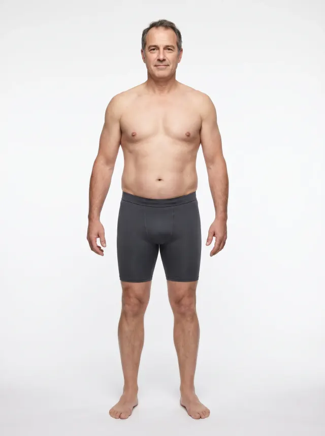 Standardized render of a man in his 40s at 23 percent body fat, slightly below the average body fat percentage for a 40-year-old man