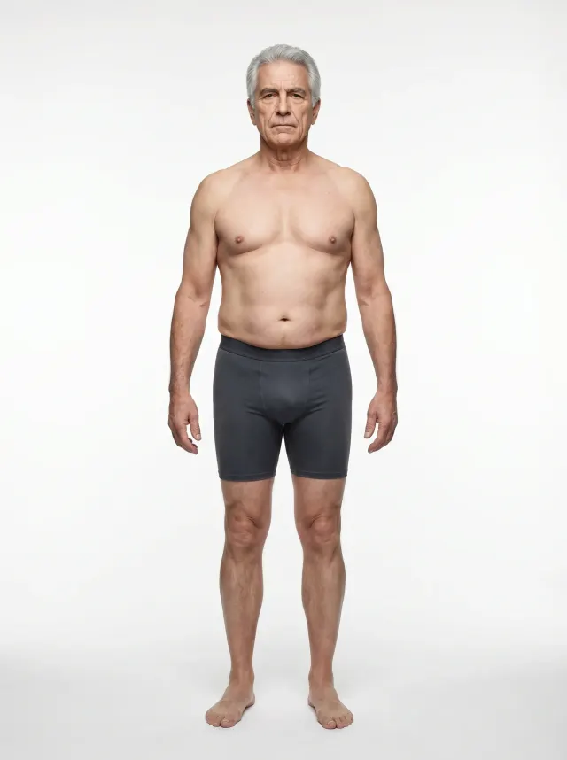 Standardized render of a man in his 60s at 23 percent body fat, leaner than the average body fat percentage for his age