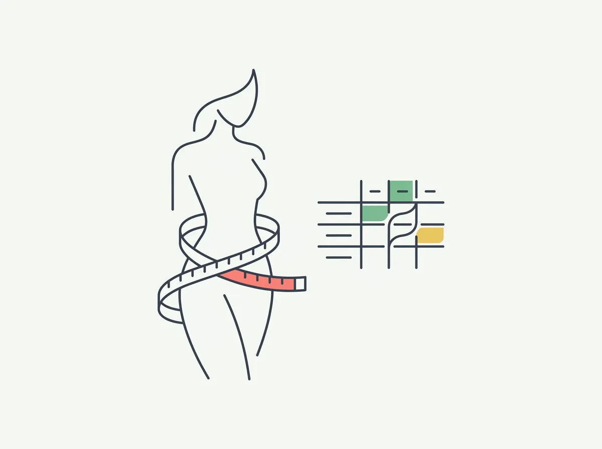 The average female hip measurement, how to measure hips correctly at the widest point of the buttocks, the dress-size mapping, and why hip fat reads differently than belly fat.