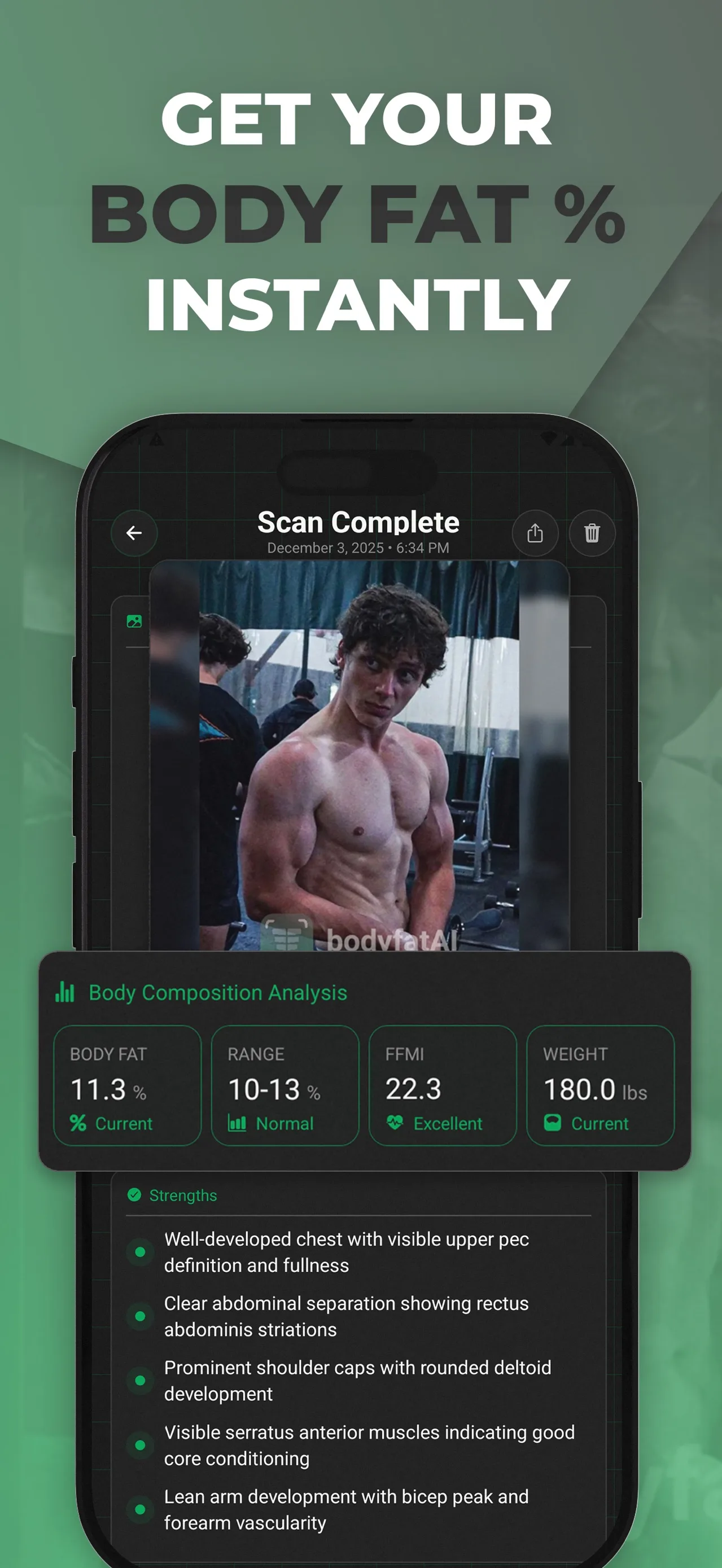 bodyfatAI result showing body fat percentage, FFMI, weight, and physique strengths