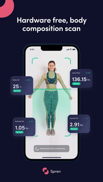 Spren body composition scan showing body fat, lean mass, android fat, and gynoid fat estimates