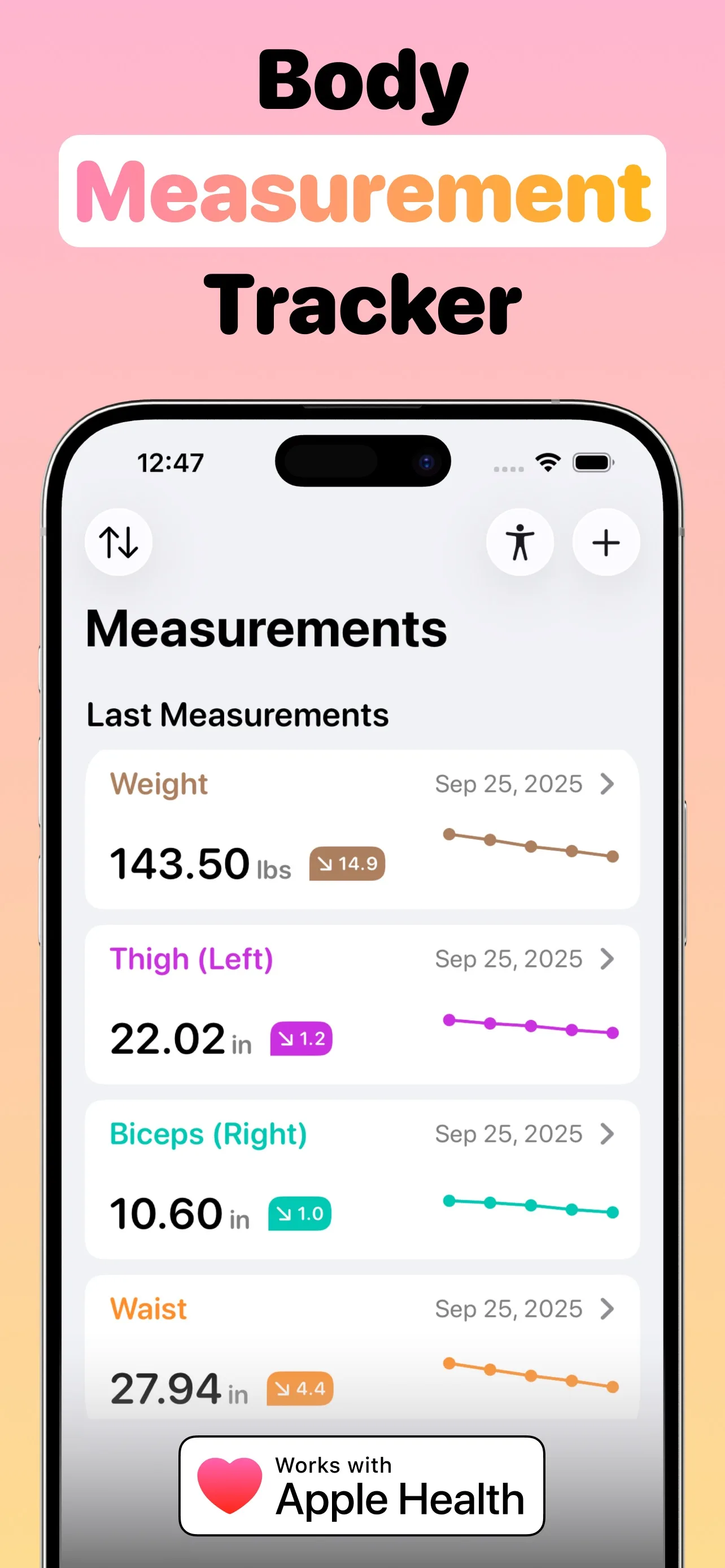 My Body Measurement Tracker dashboard showing waist, thigh, biceps, and weight trends