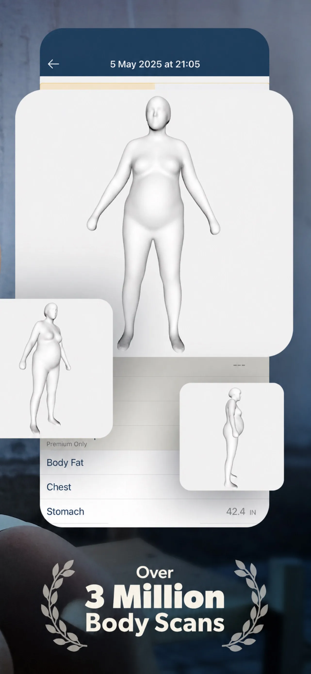 MeThreeSixty app showing a 3D body avatar and measurement results