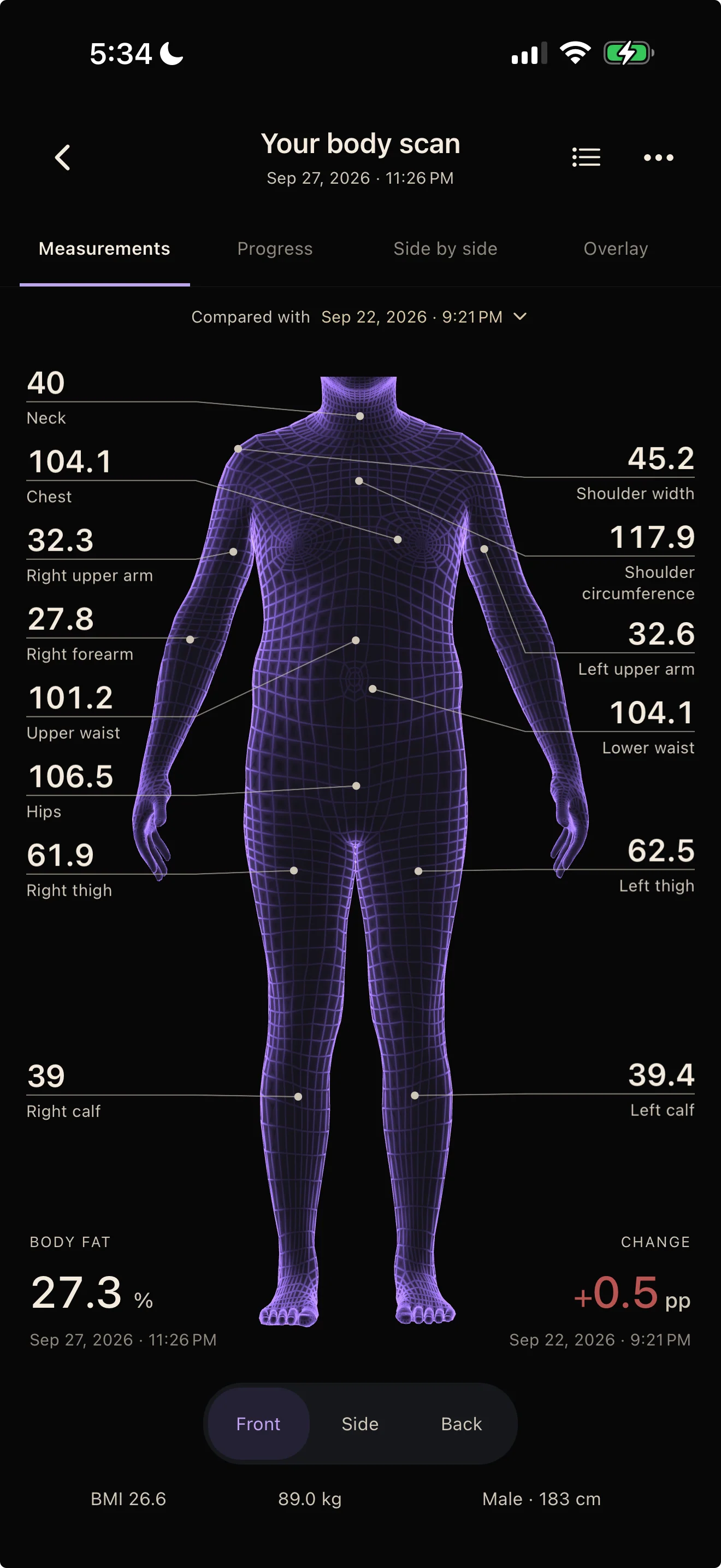 PlateLens 3D body scan showing an interactive body model with chest, waist, hip, arm and thigh measurements