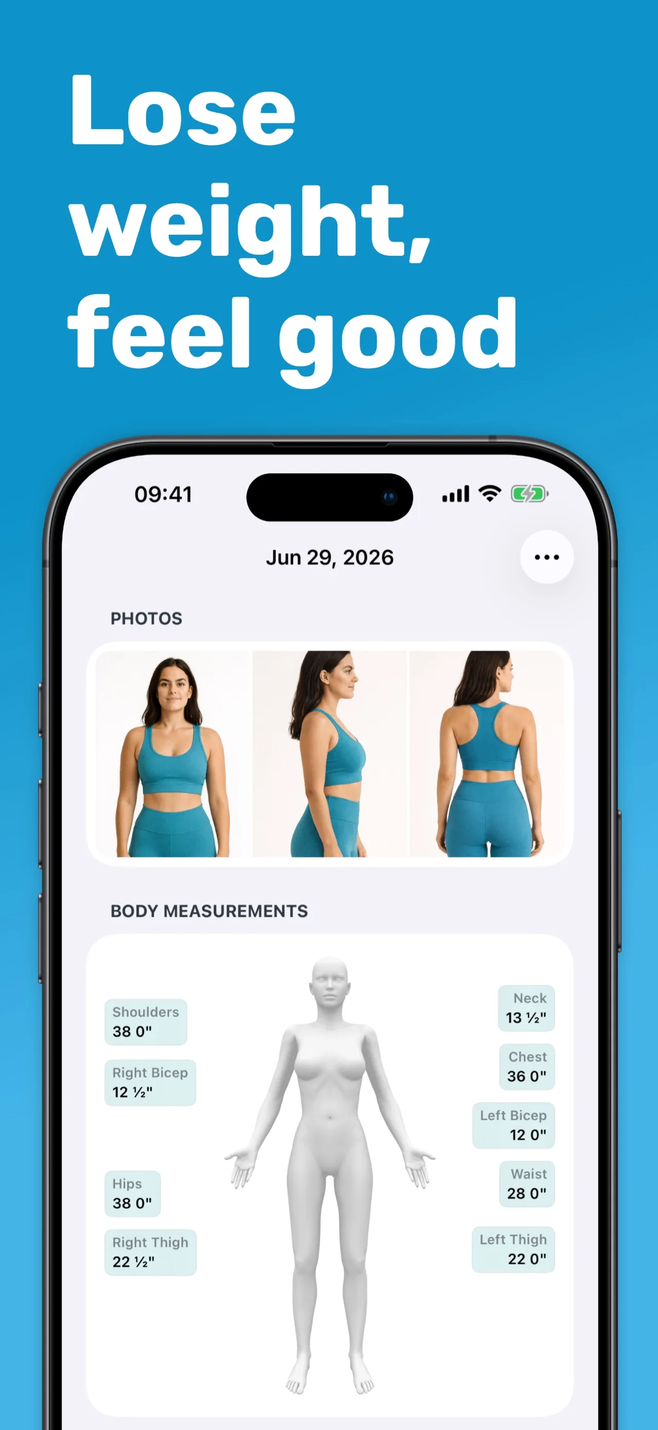 Progress body measurement tracker showing progress photos and manual shoulder, chest, waist, hip, arm, and thigh measurements