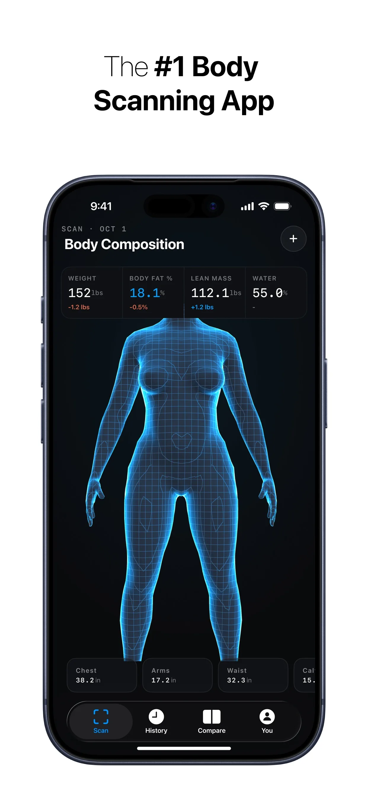 Recomp AI 3D body scanner showing body fat, lean mass, water, and circumference estimates