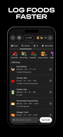 MacroFactor shows food logging and calorie and macro totals.