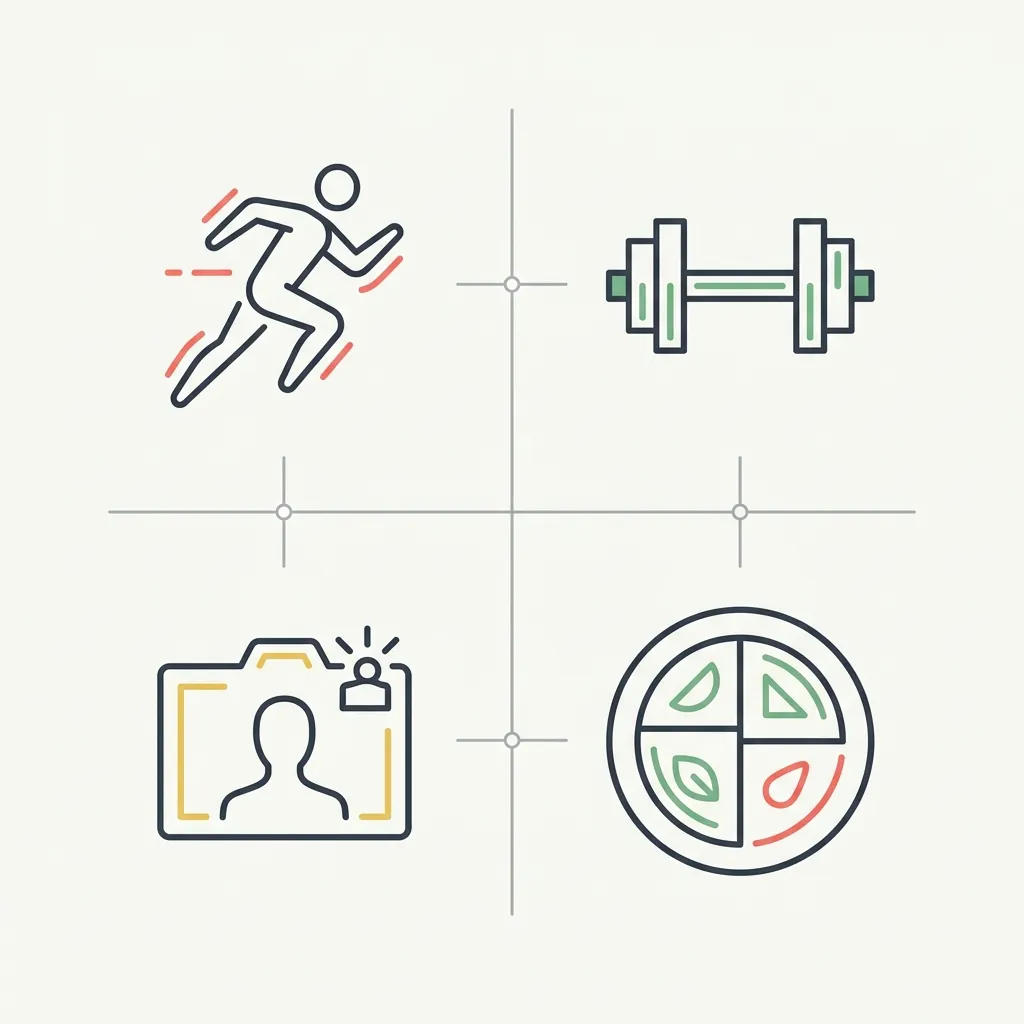 Minimalist vector illustration of four connected fitness app icons: running, lifting, physique tracking, and nutrition