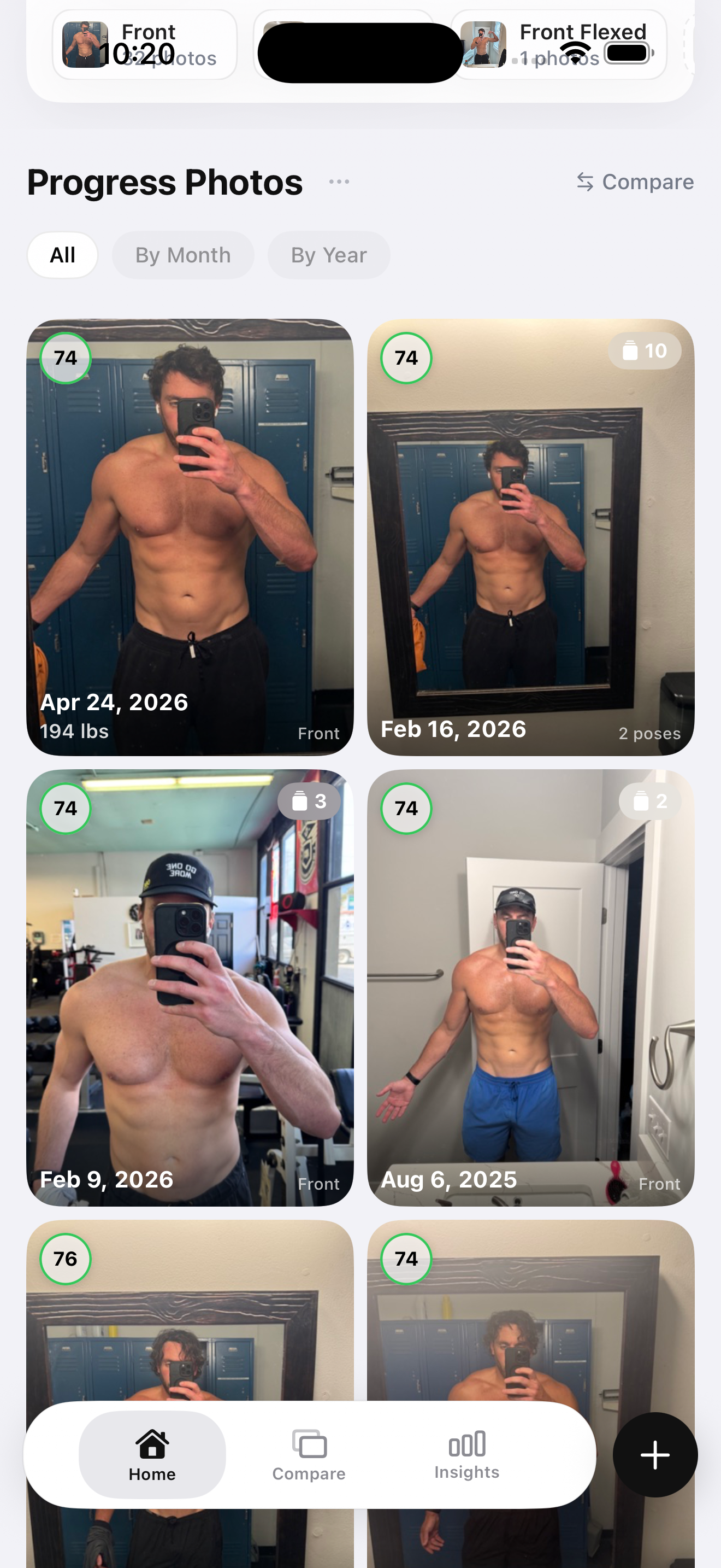 GainFrame photo gallery showing structured progress photos organized by pose and date