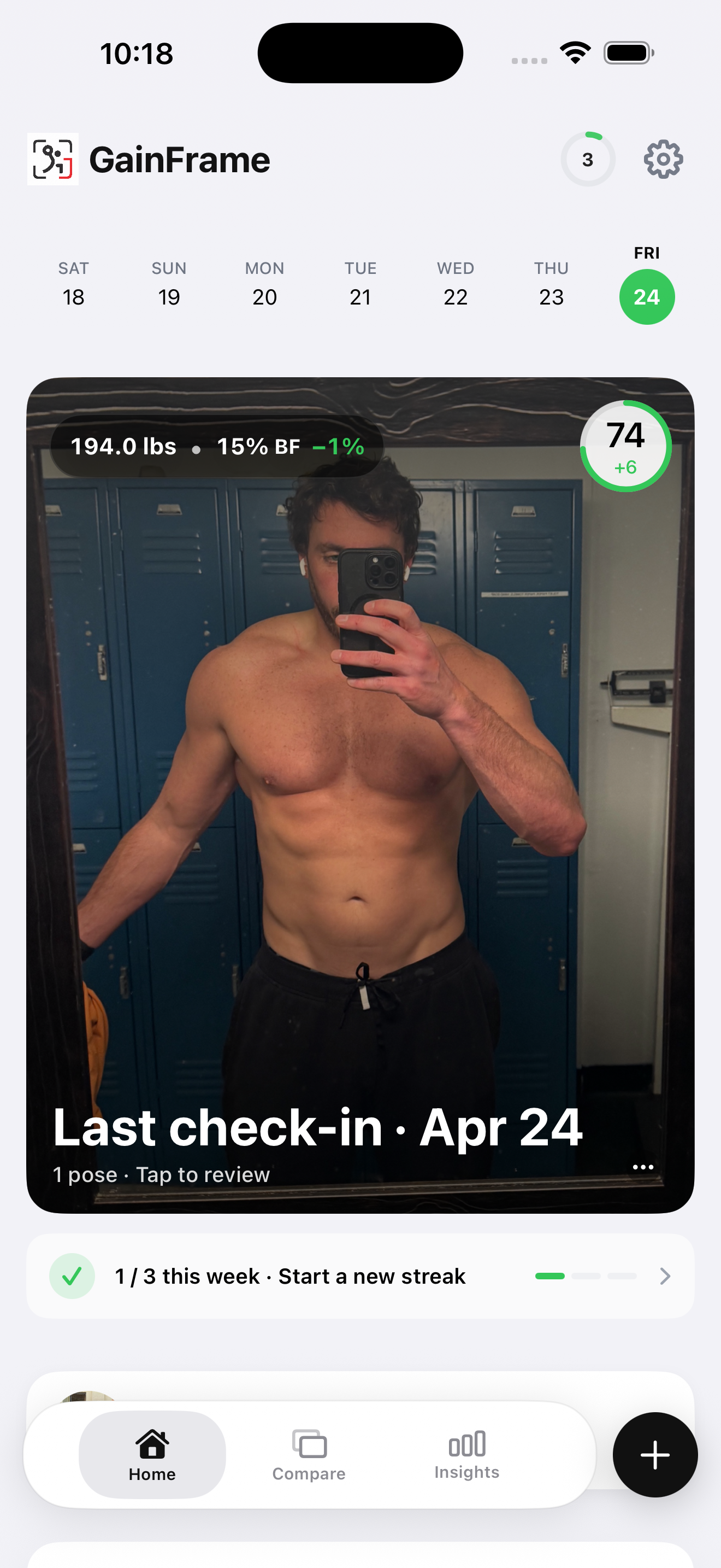 GainFrame iPhone home screen showing today's check-in, GainFrame Score, body fat percentage, and lean mass written to Apple Health