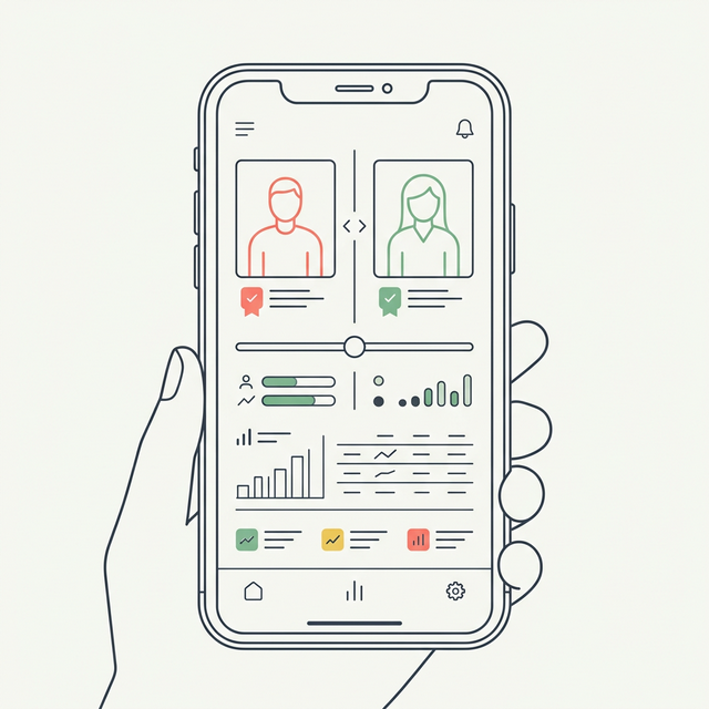 Abstract vector illustration of evaluating progress photo apps on a mobile interface