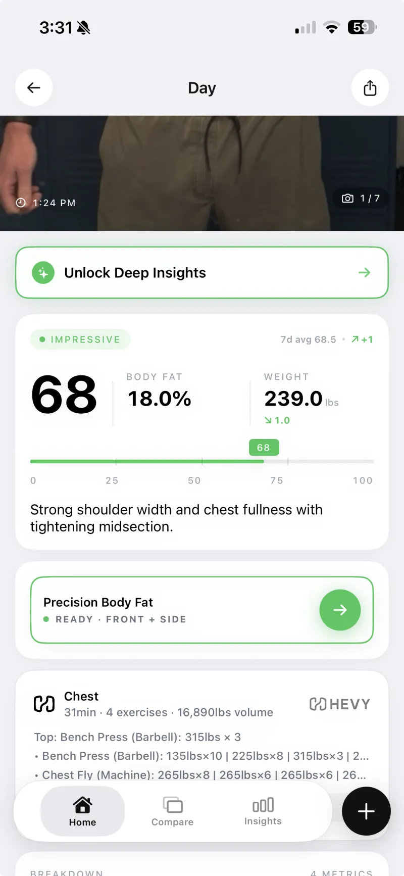 GainFrame daily check-in showing a physique score of 68 and 18% body fat alongside a Hevy chest workout card — 31 minutes, 4 exercises, 16,890 lbs volume