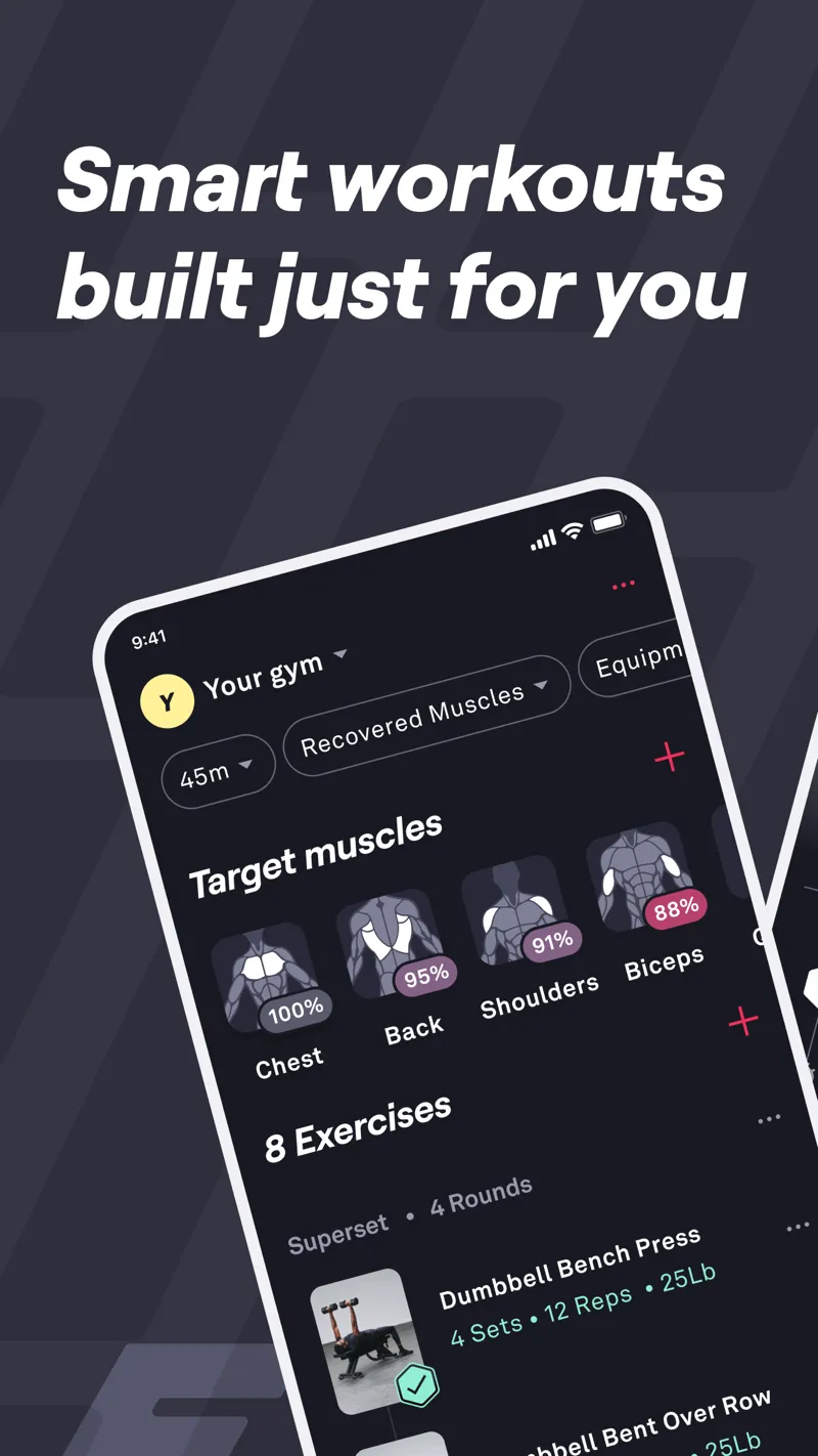 Fitbod's workout builder showing recovery percentages per muscle group — chest 100%, back 95%, shoulders 91% — feeding an 8-exercise generated session