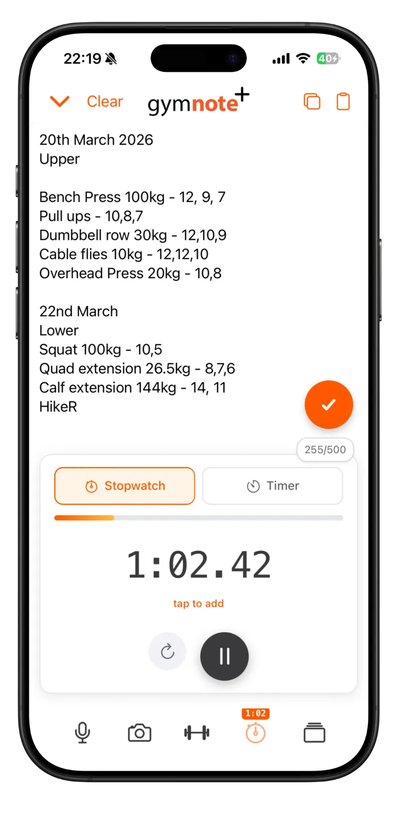 GymNote Plus note screen showing a free-form workout — Bench Press 100kg 12, 9, 7, pull ups, dumbbell rows — with a built-in stopwatch running