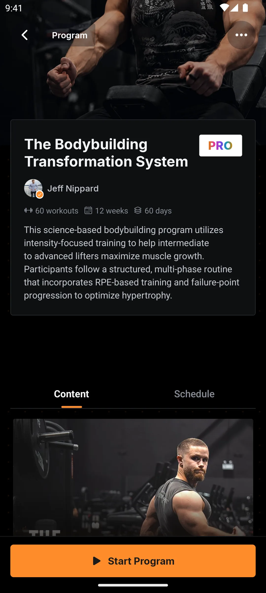 JustGains program screen for Jeff Nippard's Bodybuilding Transformation System, showing a 12-week plan with 60 workouts and a Start Program button