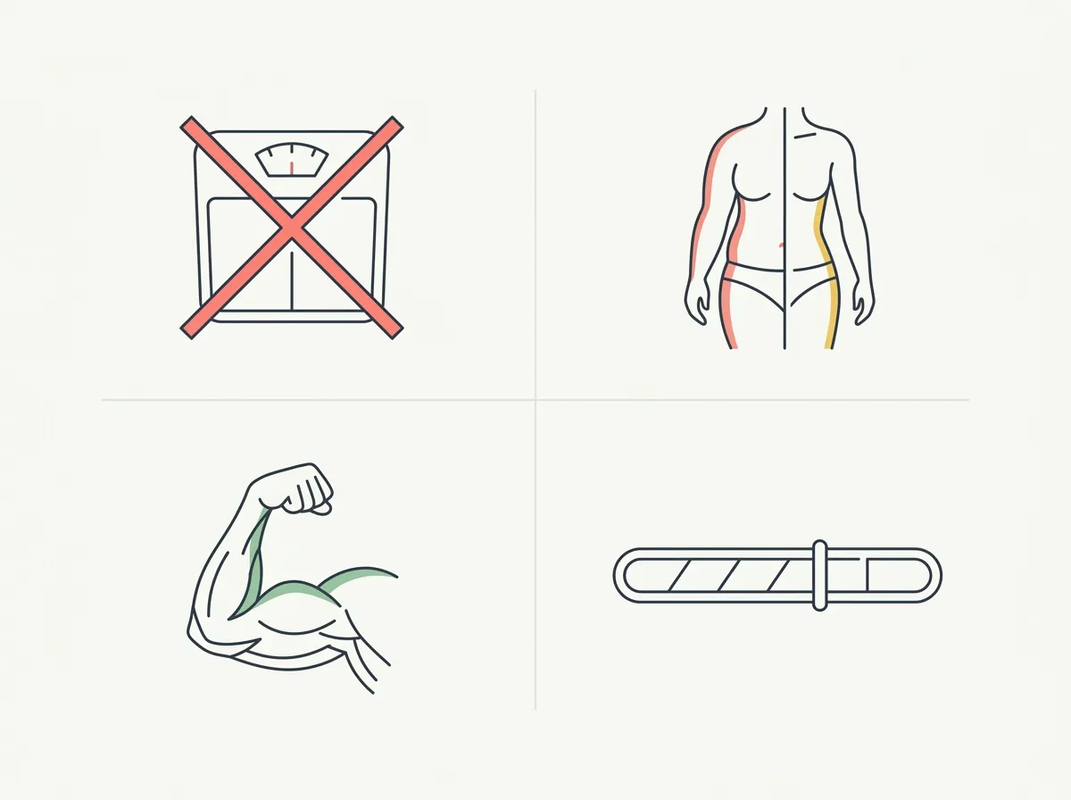 2x2 grid of body composition metrics for lifters: BMI crossed out, Body Fat %, Lean Mass, and FFMI