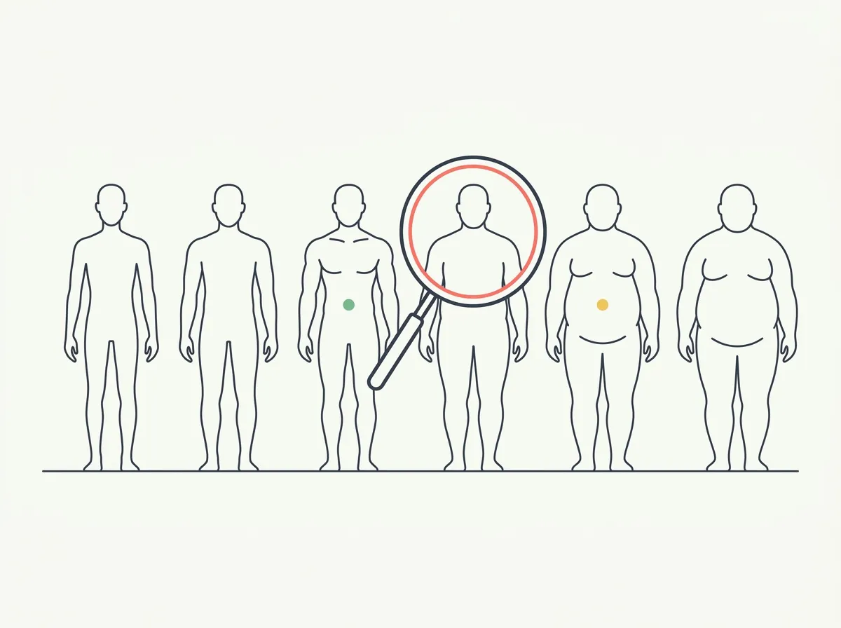 Standardized front and back body-composition pictures at 30 levels — the same man from 8% to 30% and the same woman from 18% to 40% — for a controlled visual reference.