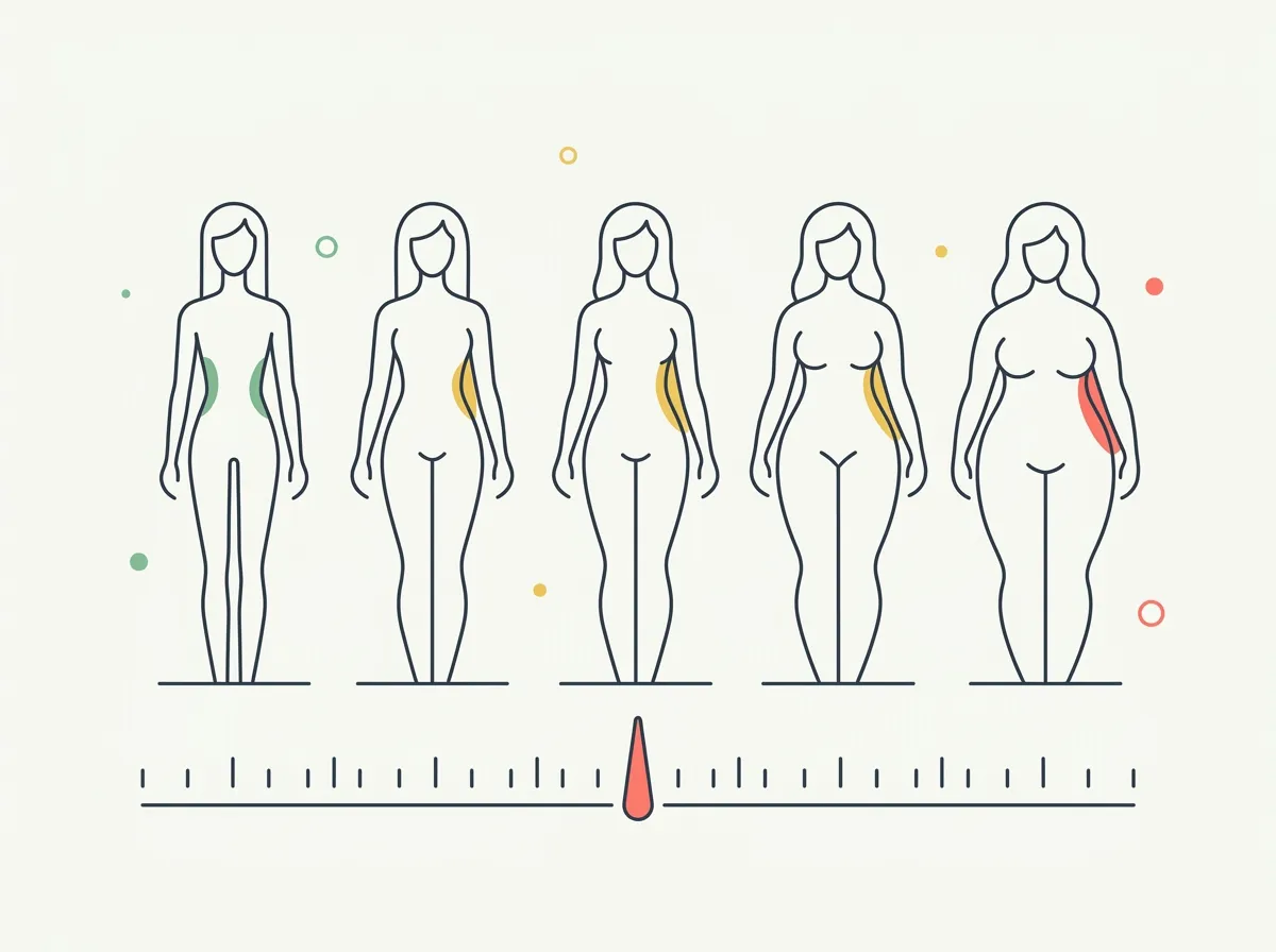 A women-only body fat percentage chart with photos — the same woman rendered at 18, 22, 27, 32, 37, and 42 percent, honest descriptions of each level, and why comparing to men's numbers misleads.