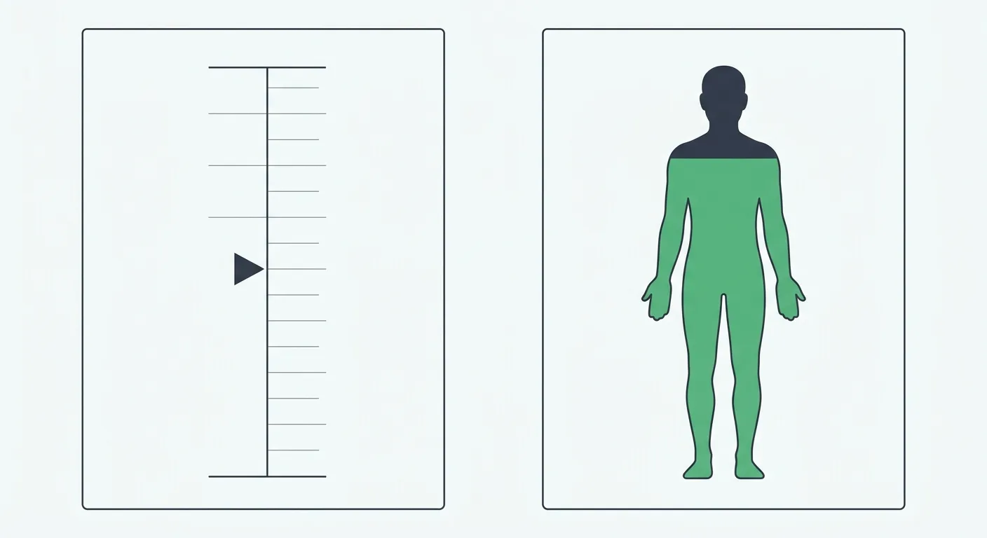 Two measurement panels — a simple BMI gauge and a body silhouette split into fat and lean zones representing body fat percentage