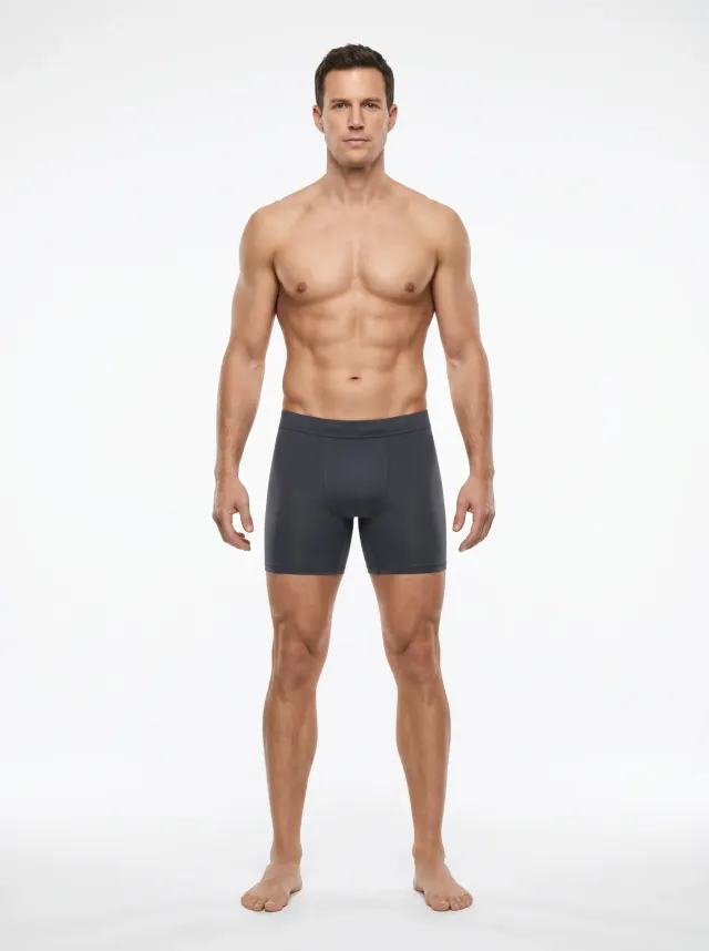 Standardized render of the same man at 18 percent body fat around month nine to twelve of body recomposition, defined shoulders and arms with a flat tighter midsection