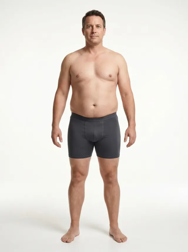 Standardized render of a man in his 30s at 28 percent body fat before starting body recomposition, soft midsection and no visible muscle definition