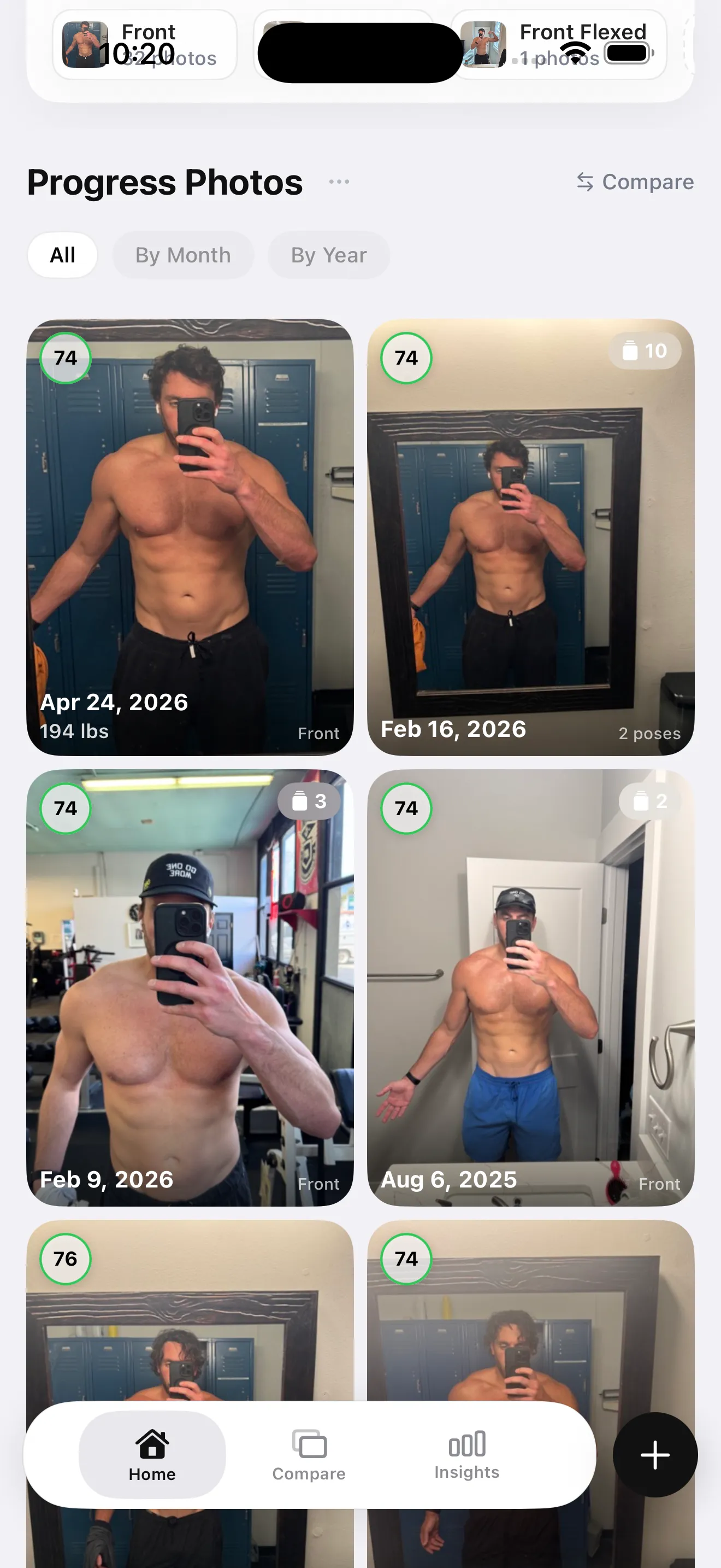 GainFrame photo gallery showing a chronological grid of progress check-ins organized by date