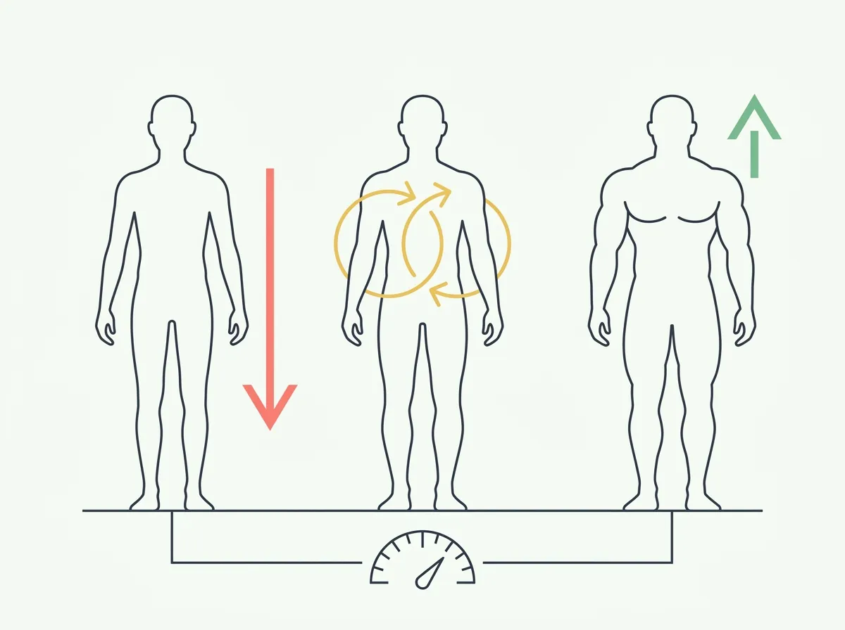 Three body silhouettes representing cut, recomp, and bulk phases with directional arrows and a body fat percentage decision gauge