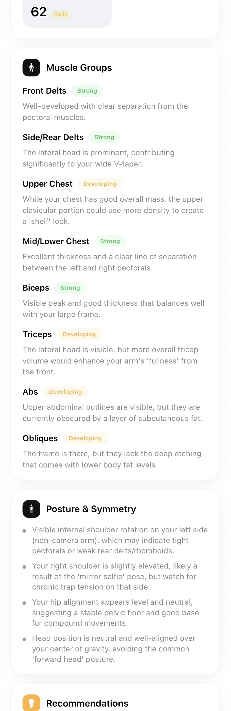 GainFrame Muscle Analysis showing Arms labeled Strong and Abs labeled Developing