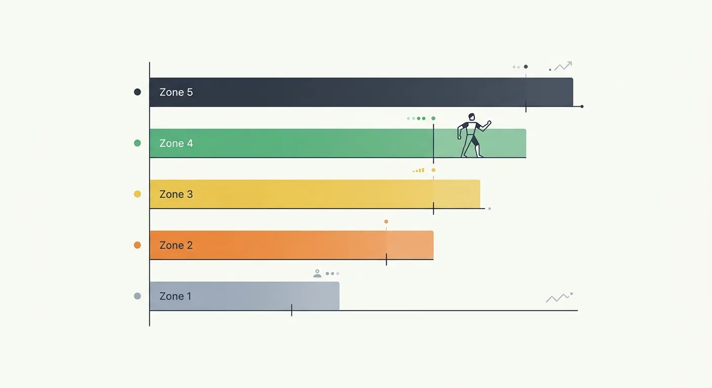 Abstract data visualization of five FFMI development zones from below average to elite, with a human silhouette at the excellent zone