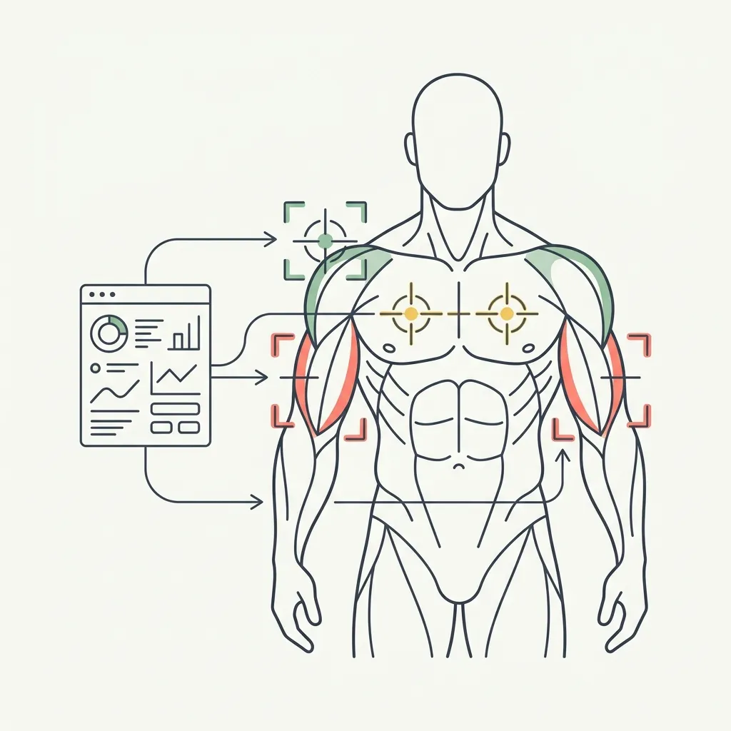 Minimalist vector illustration of a muscular figure with targeting crosshairs on muscle groups connected to an analytics interface
