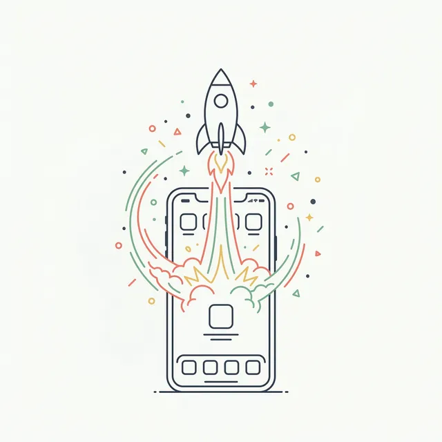 Abstract minimalist illustration of a rocket launching from a smartphone, representing the GainFrame app launch